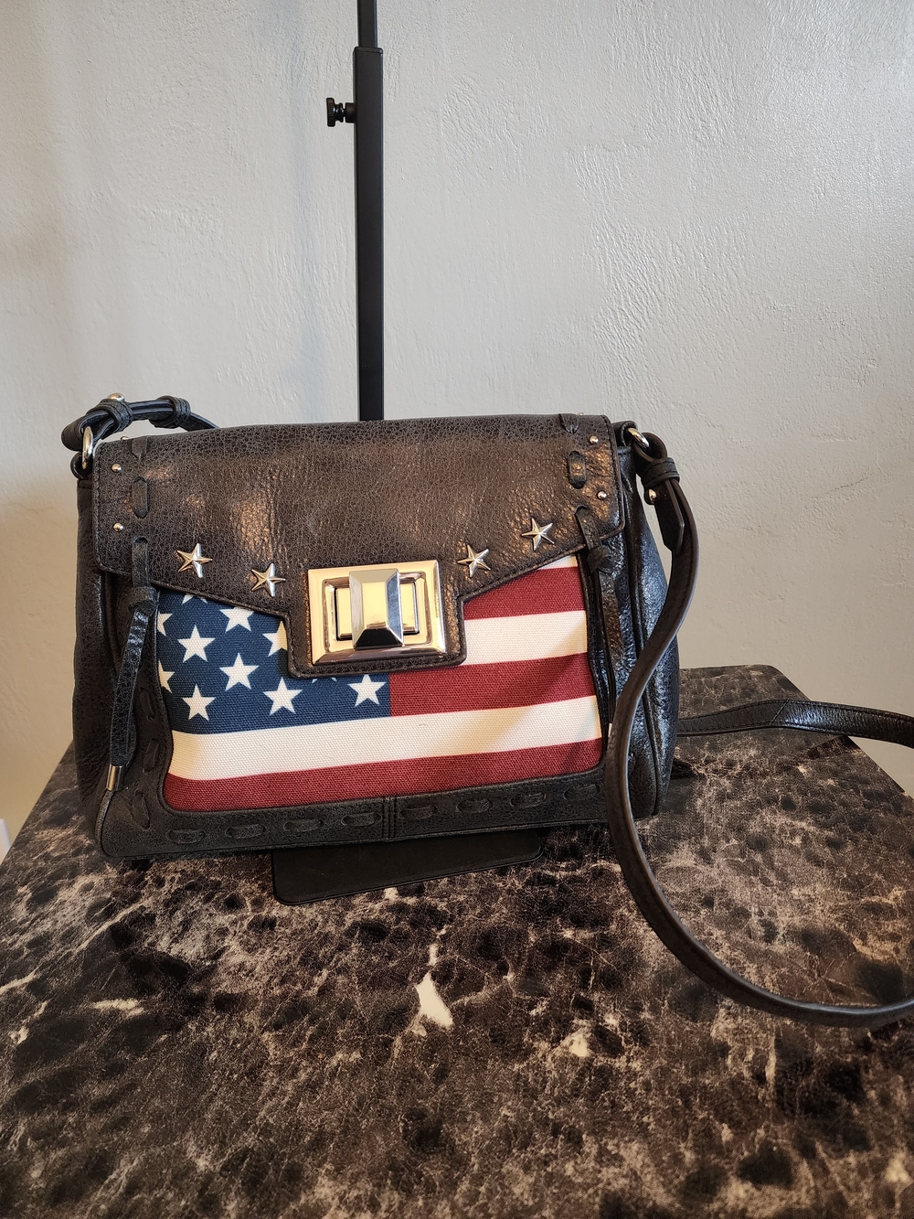 Aimee Kestenberg Black Leather Washington American Flag Crossbody Bag